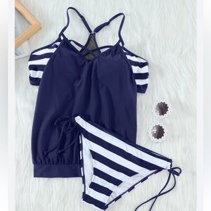 Women's Halter Tankini Navy‎ Blue Stripe Swimsuit NWT Size XL